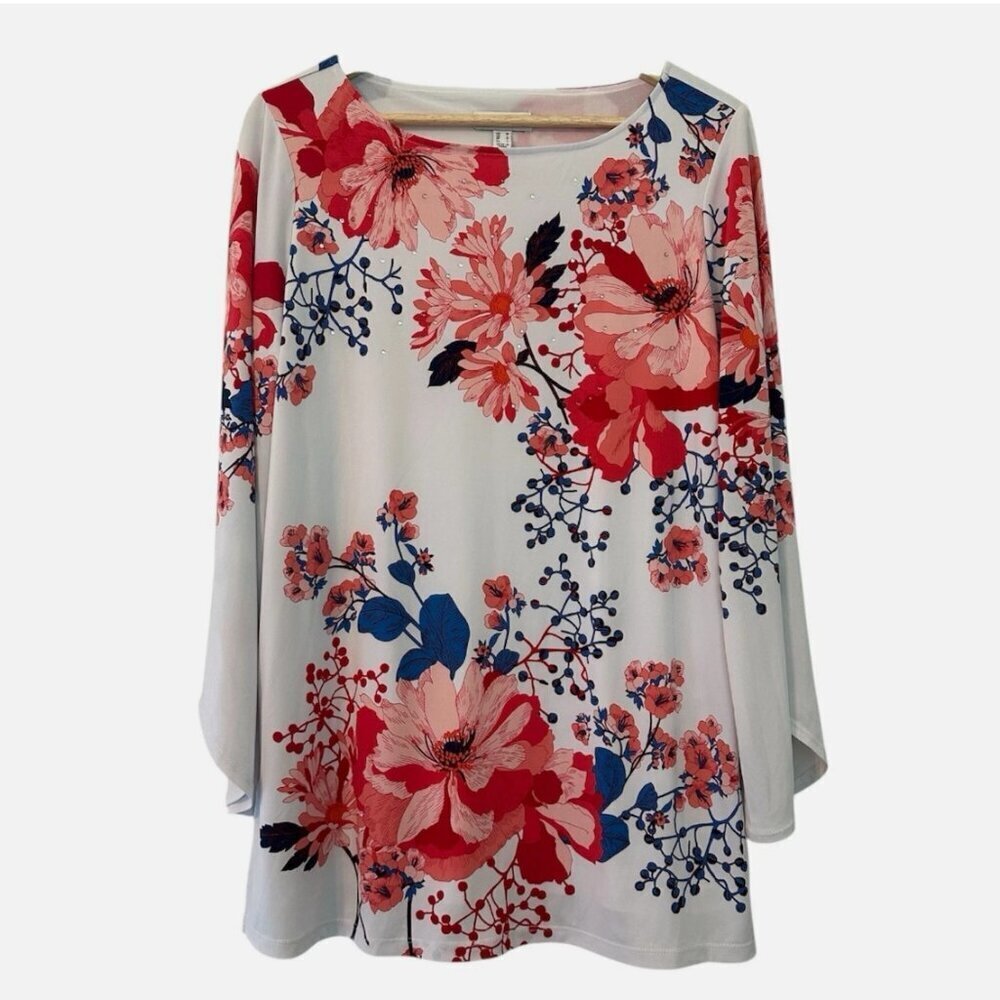 Women's Medium Floral Soft Flowy Stretch Rhinestone Relaxed Work Casual Blouse - Picture 1 of 4